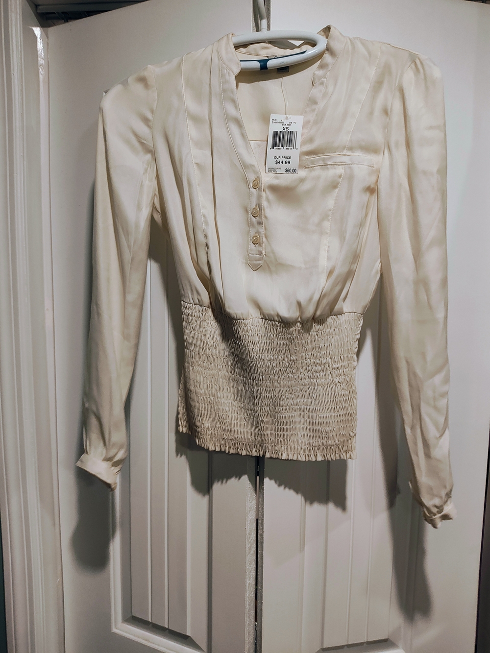 Guess Ivory Smocked-Waist Silk-Look Blouse